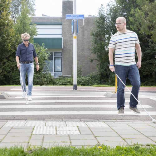 Bert met simulatiebril en Wolter met stok steken over op zebrapad.